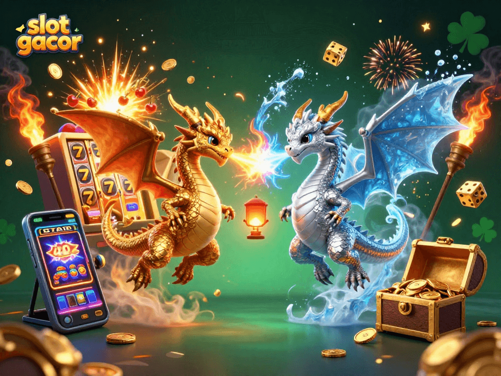 Experience thrilling slot gacor action with dragons and dynamic casino elements in a stunning 3D illustration.