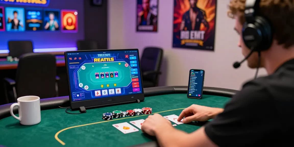 Engaging poker player excitedly joining Daftar Dominobet online gaming session in a vibrant environment.