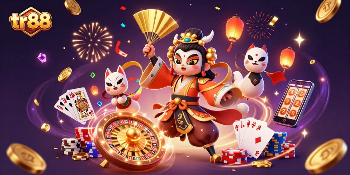 Spin and win at tr88 while a kabuki warrior battles with golden fan and paper lantern spirits.