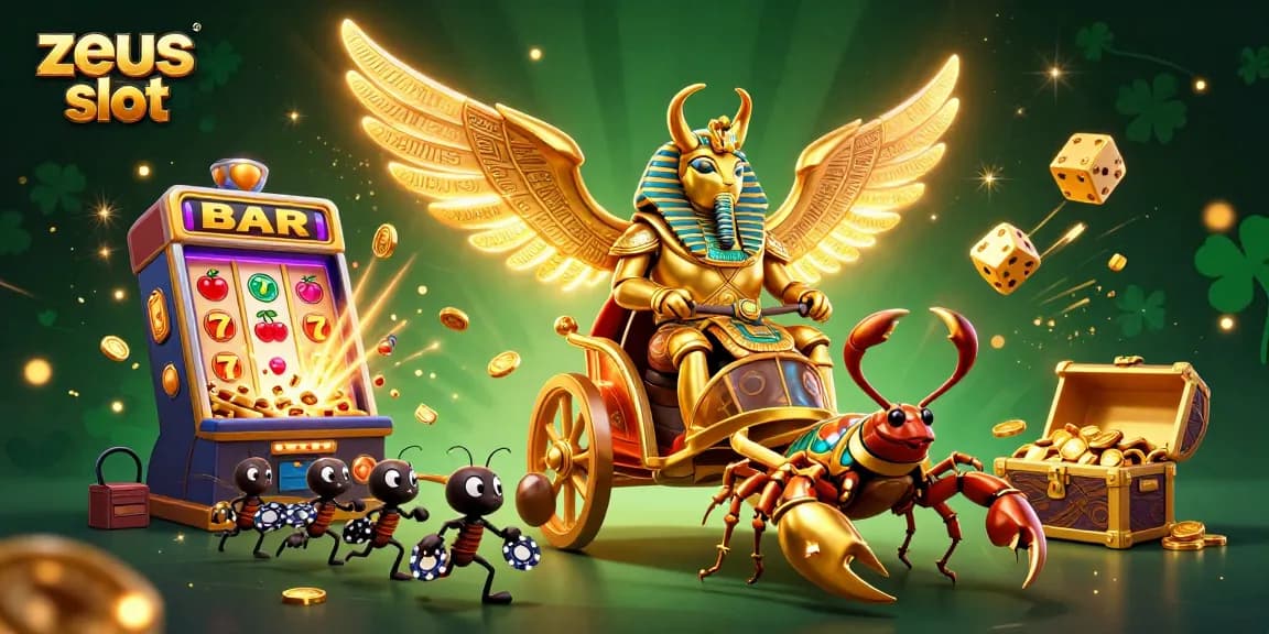 Experience the thrill of zeus slot with captivating visuals of golden beetles and jackpot machines.