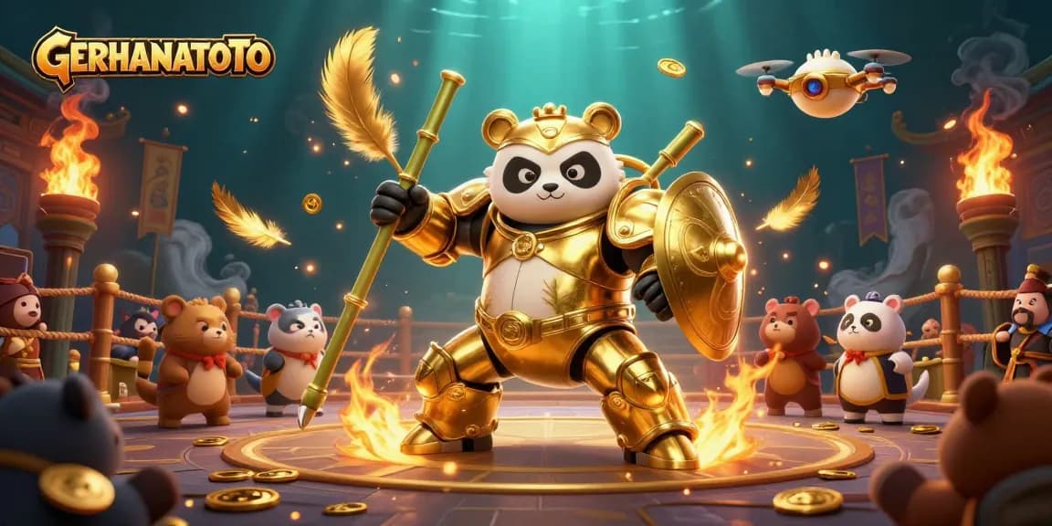 Mengunjungi GERHANATOTO dengan ikon panda emas dalam pertempuran kasino, penuh koin emas dan efek dramatis.