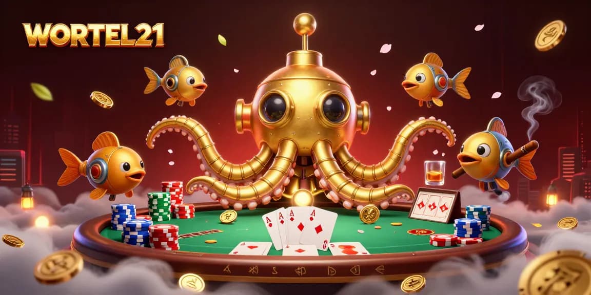 Engage with WORTEL21 to unveil your poker victories amidst a rich scene of golden coins and cards.