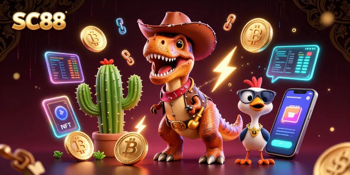 SC88 casino features cartoon cowboy dinosaur characters engaging in vibrant gambling action.