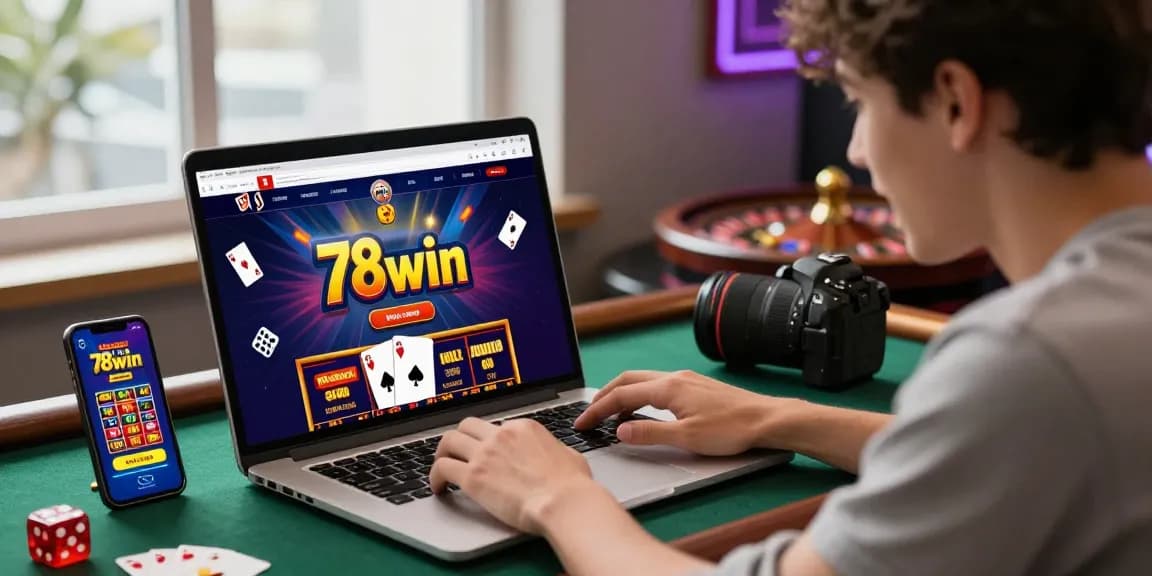 Engaging user exploring 78win.com online gambling platform with vibrant gaming graphics and casino elements.