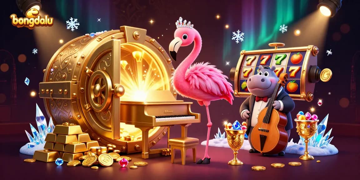 bongdalu casino scene displaying a flamingo singer and hippo bassist amid vibrant slot reels and gold treasures