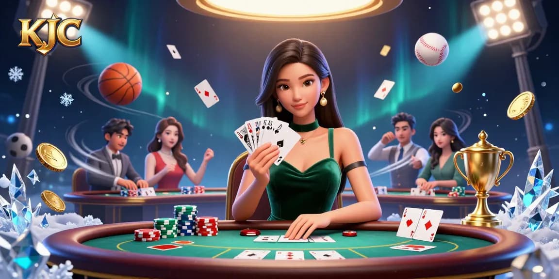KJC poker scene featuring an elegant woman at a luxury game table with vibrant sports elements.