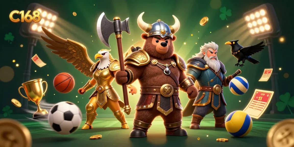 C168 Casino showcases competitive sports betting with Viking bear and Valkyrie eagle in a thrilling scene.