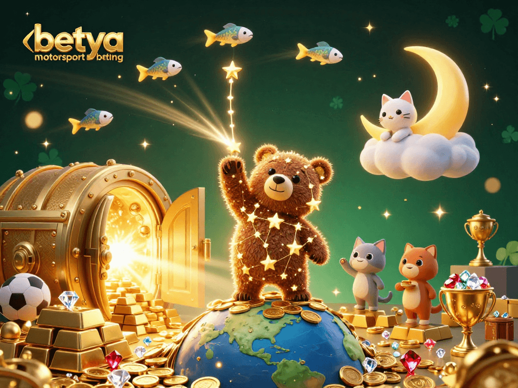 Engage in betya motorsport betting with lively characters and sparkling treasures in a vibrant scene.