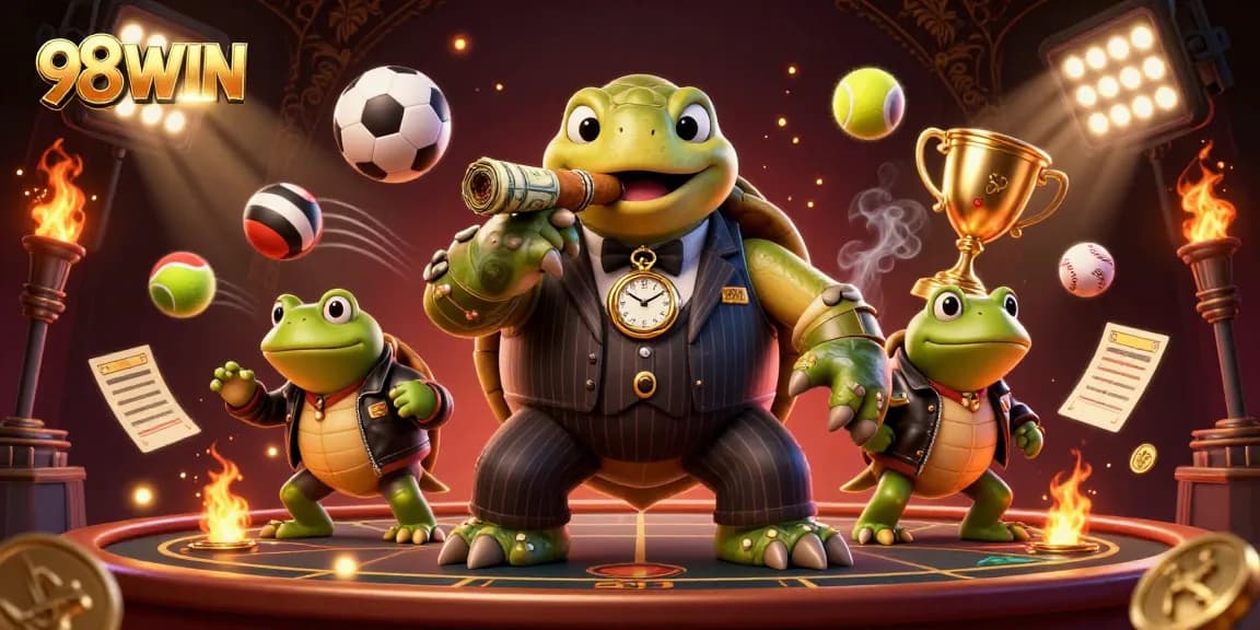 Join the excitement of 98WIN with the cartoon snapping turtle and bullfrog enforcers amidst a vibrant casino scene.