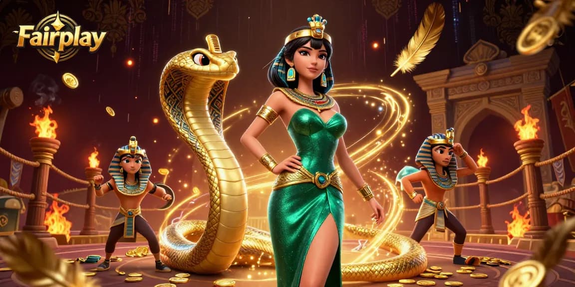 Experience Fairplay with a dazzling casino scene featuring a glamorous woman and golden cobra, rich in detail.