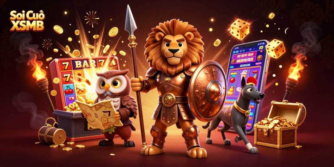Soi Cầu XSMB prediction scene with vibrant characters, slot machine, and jackpot effects