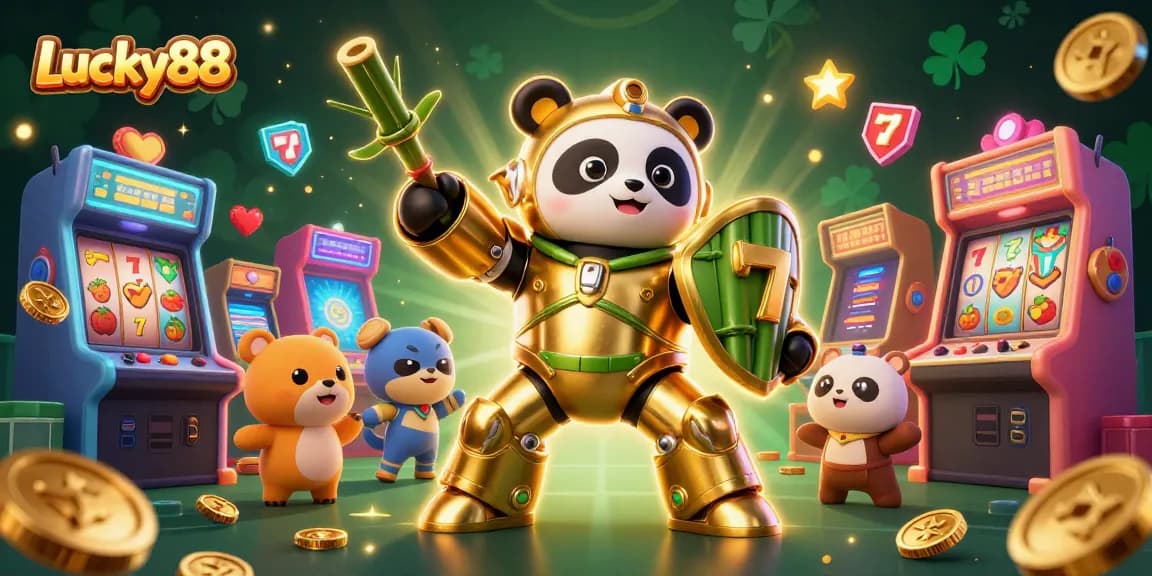 Play Lucky88 slots with a vibrant 3D illustration of a golden panda battling in a casino-themed arena.