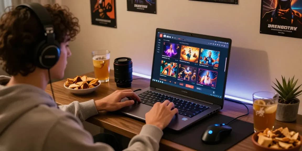 Engaging pajaktoto gaming setup with an individual playing online casino games in a cozy home environment.