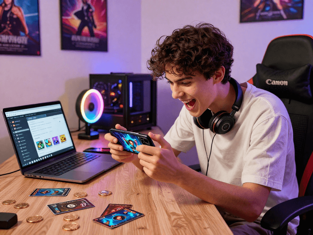 Excited gamer logging into the Alano Dt 5 app, surrounded by gaming elements and vibrant graphics.