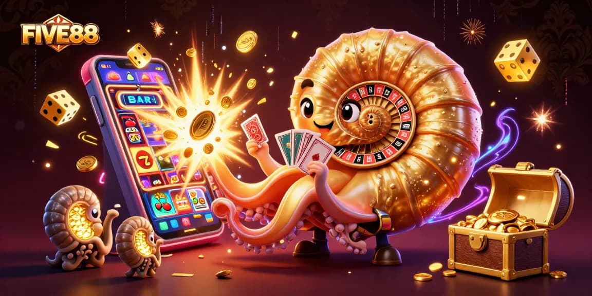 Engage in vivid FIVE88 gaming thrills with a colorful casino scene featuring a nautilus roulette wheel and slot machine.