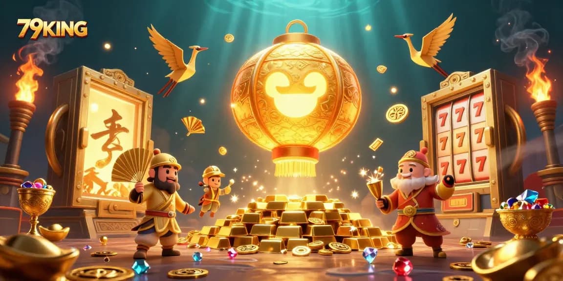 Play exciting games on 79KING, with vibrant casino elements and captivating golden characters.