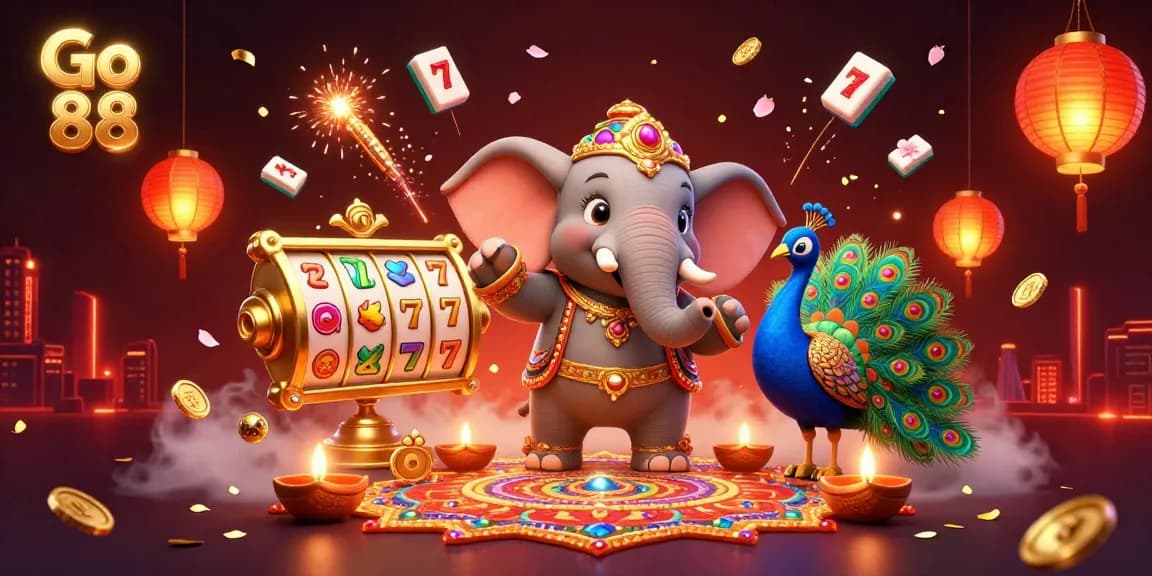 Experience Go 88's vibrant casino adventure with a colorful elephant and peacock amidst enchanting symbols.