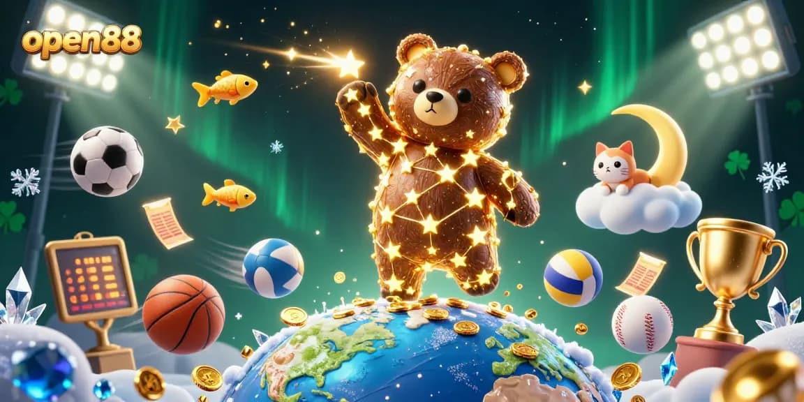 Win big with open88 as the constellation bear scoops coins while vibrant sports elements surround the scene.
