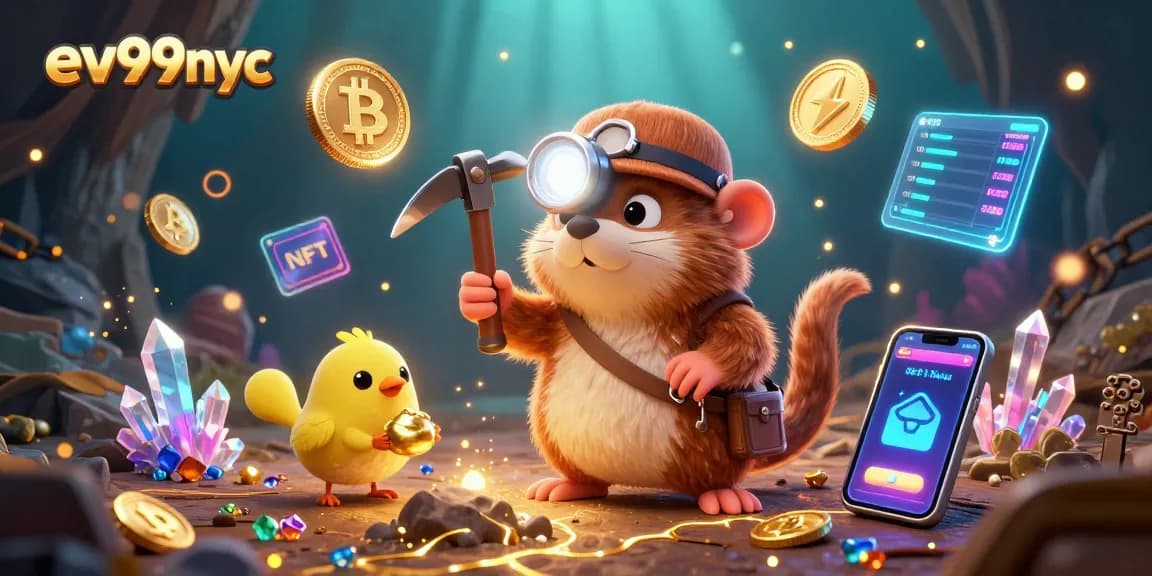 Join the excitement with ev99nyc as the treasure hunter mole discovers crypto treasures in a vibrant cave.