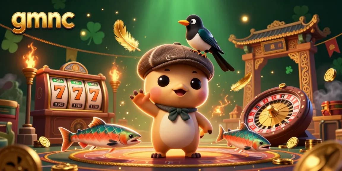 Spin the reels with gmnc in this vibrant casino scene featuring Nessie and magical gold elements.