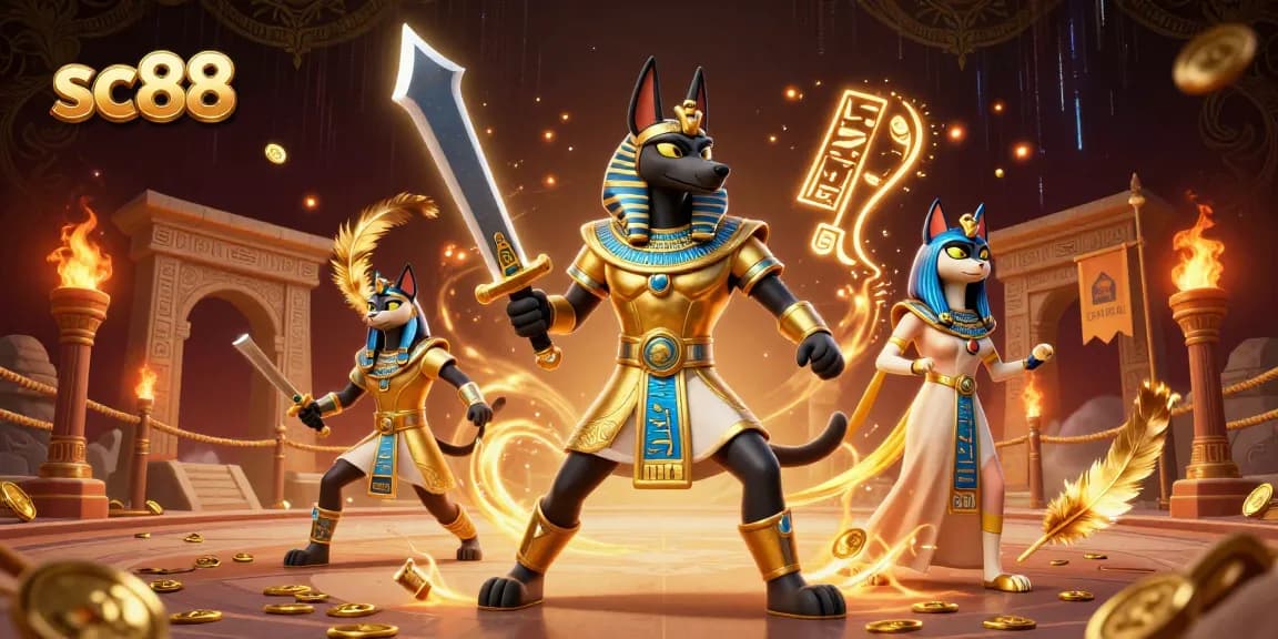 Experience the excitement at SC88 with Anubis and Bastet amidst vibrant casino elements and glowing hieroglyphs.