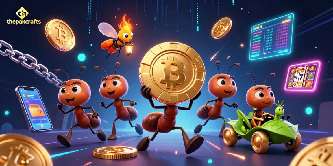 Engage with thepakcrafts as cartoon ants execute a thrilling casino heist featuring glowing poker chips and crypto elements.