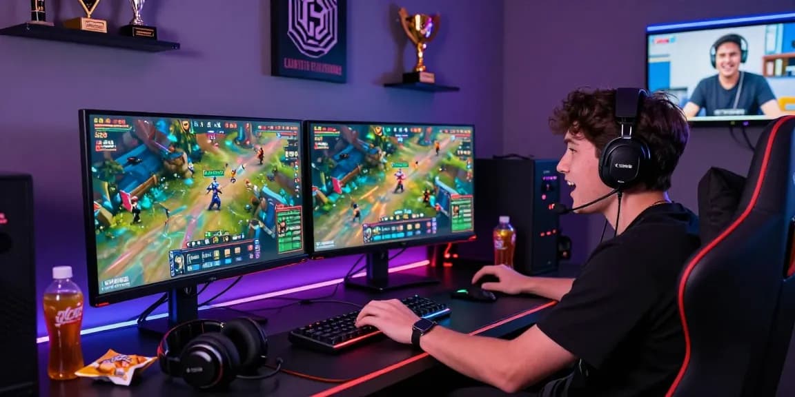 Exciting gaming setup featuring LUCK8 betting platform with colorful displays and gaming memorabilia.
