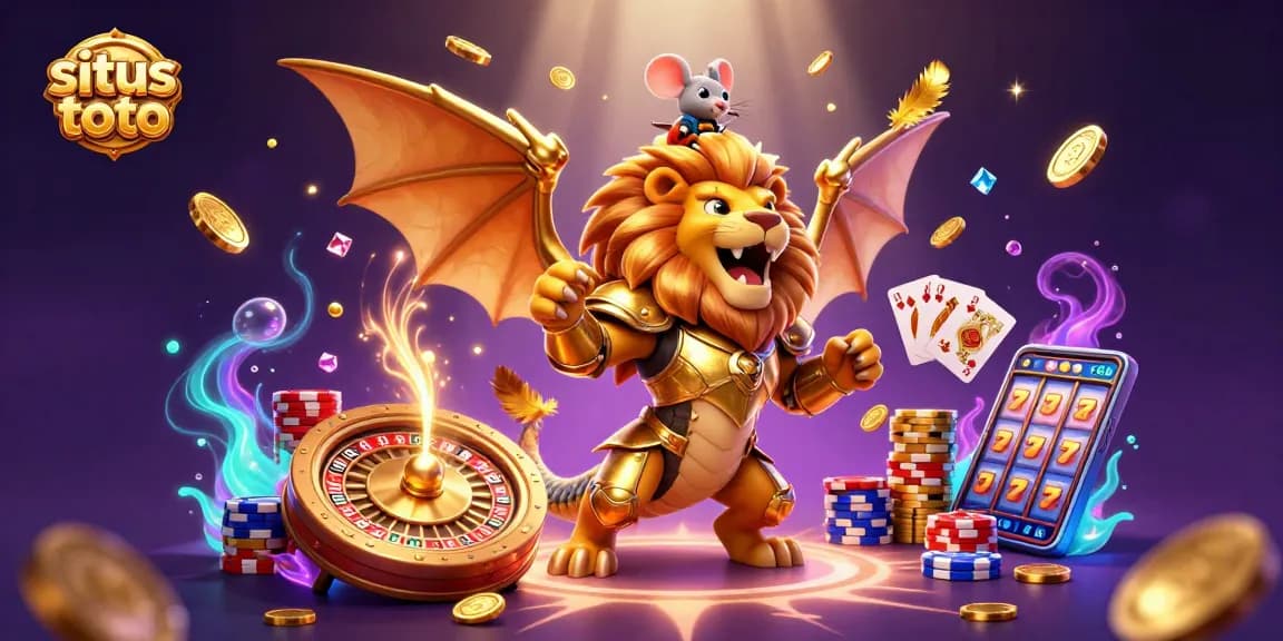 Experience the situs toto with a triumphant chimera and mouse jockey in an exciting casino scene.