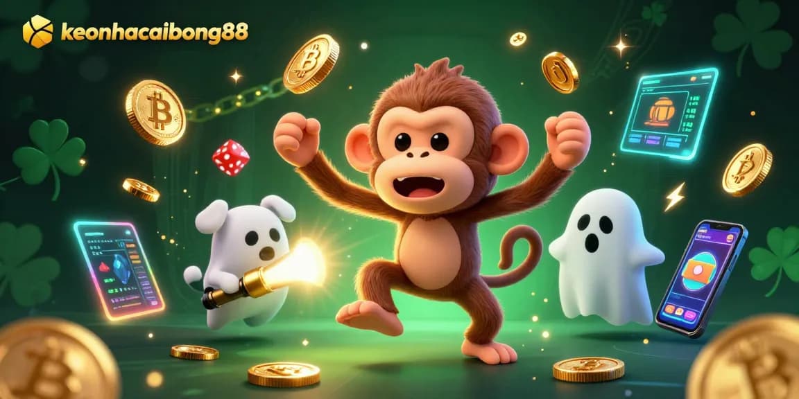 Engage with keonhacaibong88 in a whimsical haunted casino adventure featuring a playful poltergeist monkey and a curious puppy.