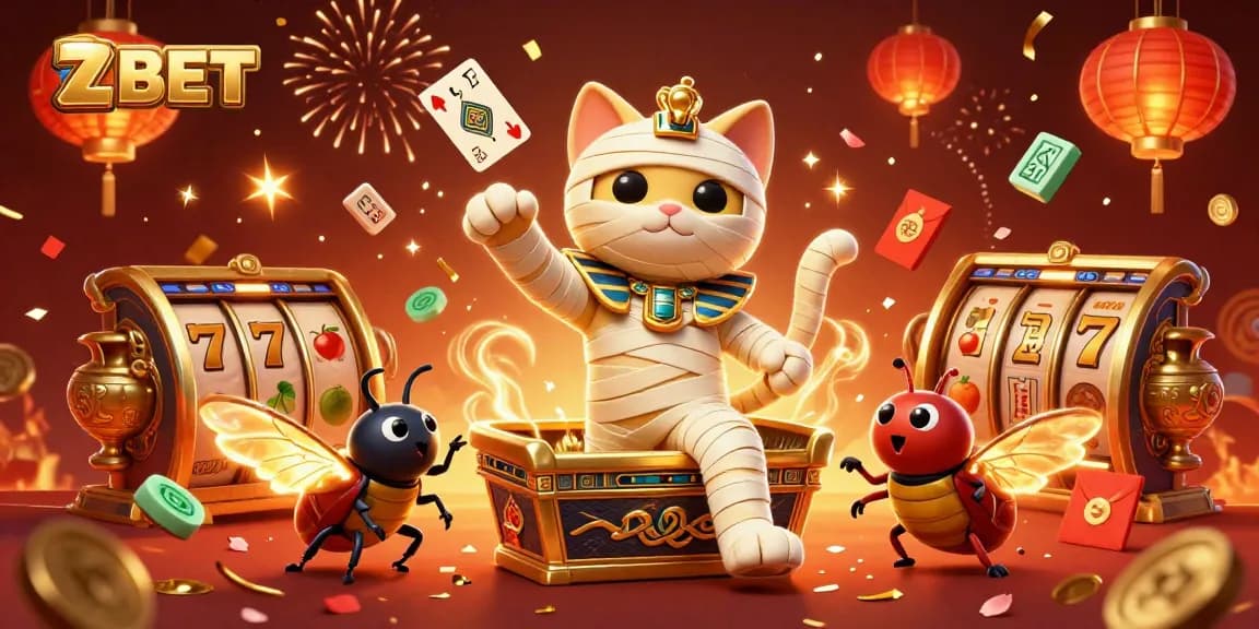 ZBET casino scene featuring a mummy cat, scarab beetle, and floating symbols, creating a vibrant slot atmosphere.