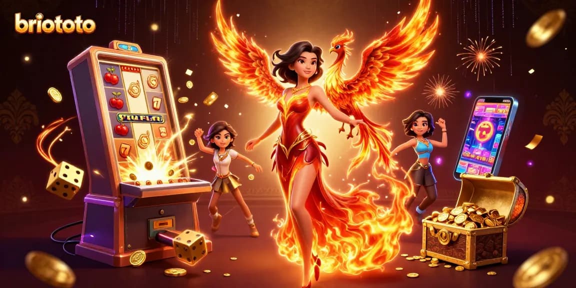 Play exciting games at briototo with vibrant illustrations of slots, dynamic characters, and a jackpot explosion.