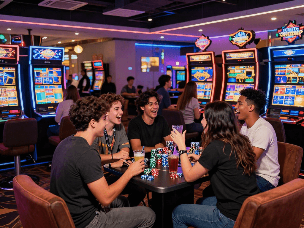 Group playing slot depo 10k with excitement in vibrant casino