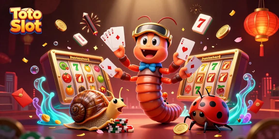 Experience thrilling Toto Slot action with a cartoon millipede dealer, stacking chips and celebrating wins.
