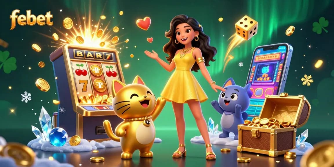 Experience the winning spirit at febet with slots and cheerful characters amidst gold and confetti.