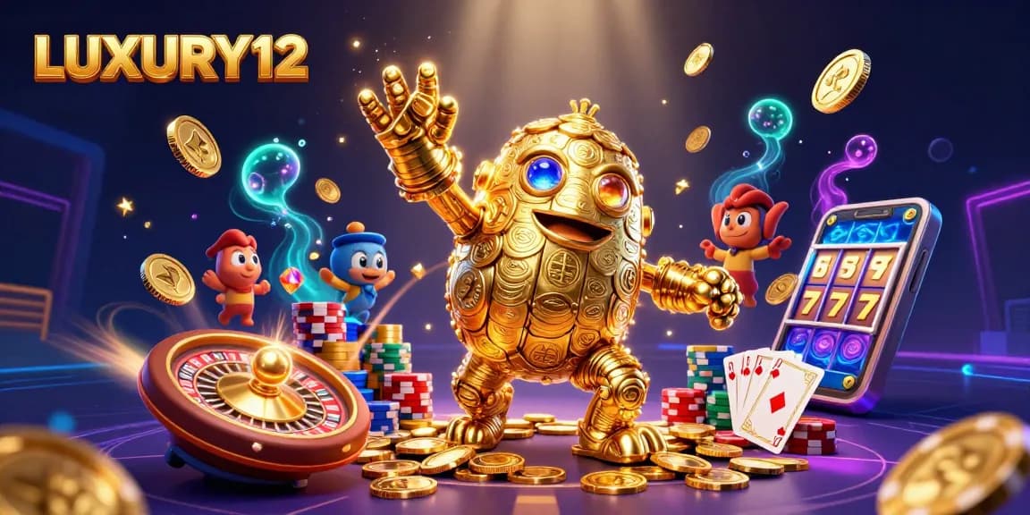 Spin the reels with LUXURY12 in this vibrant 3D illustration capturing casino excitement.