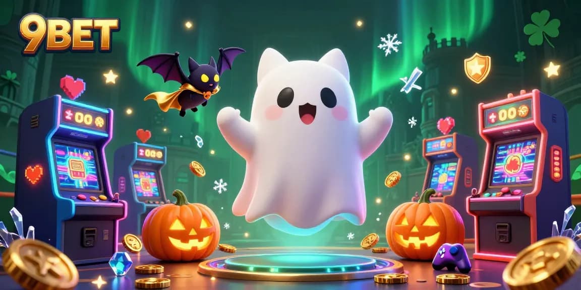 Experience thrilling gameplay at 9BET with a friendly ghost cat in a haunted casino.
