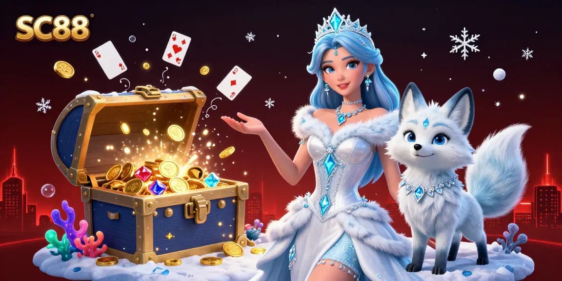 Experience exhilarating gameplay at SC88 with stunning visuals of a glamorous ice queen, arctic fox, and casino elements.