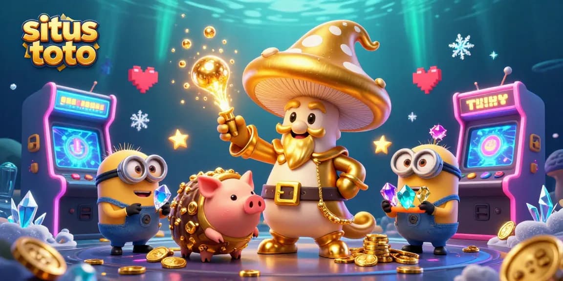 Experience situs toto with a vibrant scene showcasing a whimsical mushroom wizard, gems, and arcade elements.