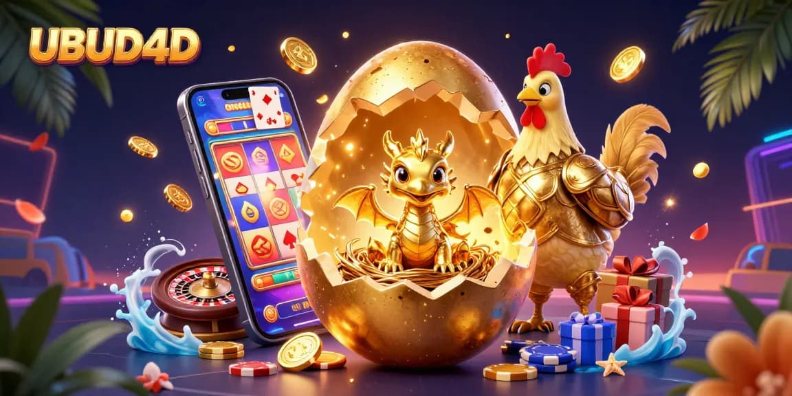 Engage with the world of UBUD4D, showcasing a golden dragon amid gaming elements and vibrant casino symbols.