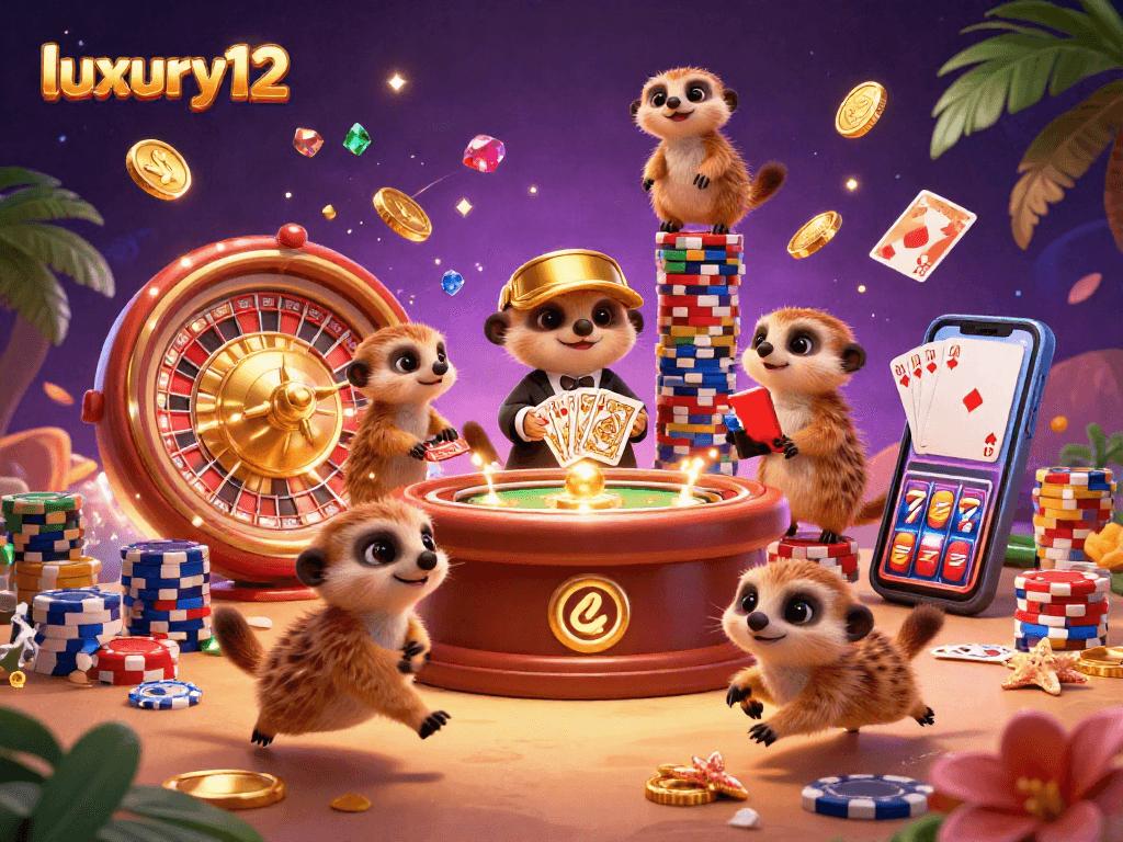 Experience luxury12 casino excitement with meerkats enjoying a vibrant gaming scene.