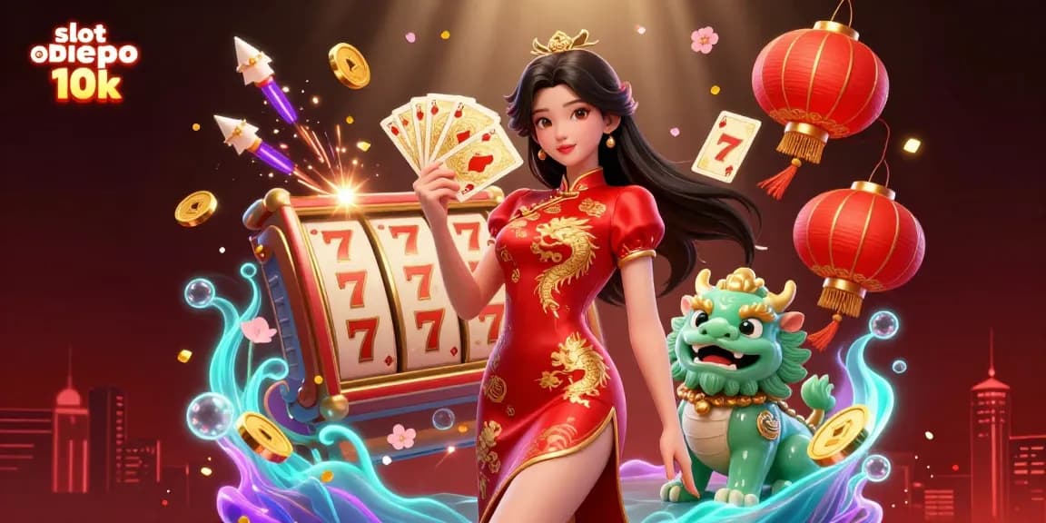 Engage in thrilling gameplay with slot depo 10k featuring a vibrant scene of a Chinese woman and gambling elements.