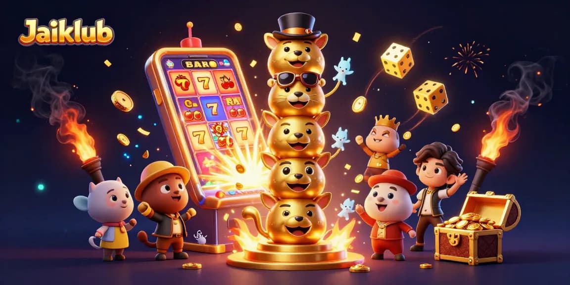 Play exciting games at Jaiclub with a vibrant illustration featuring dynamic slot machines and golden totems.