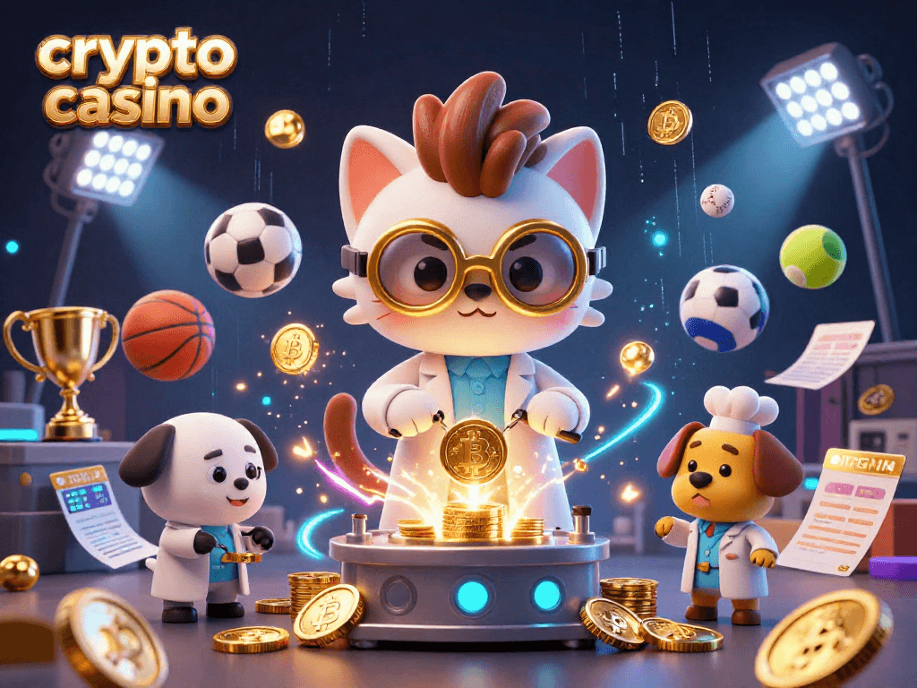 Experience the excitement of a crypto casino with this dynamic illustration of a scientist and dog amidst vibrant gaming elements.