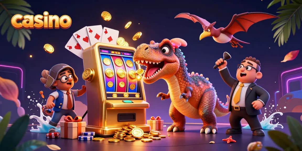 Casino-themed illustration of a dinosaur headbutting a jackpot machine, with coins and gaming elements.