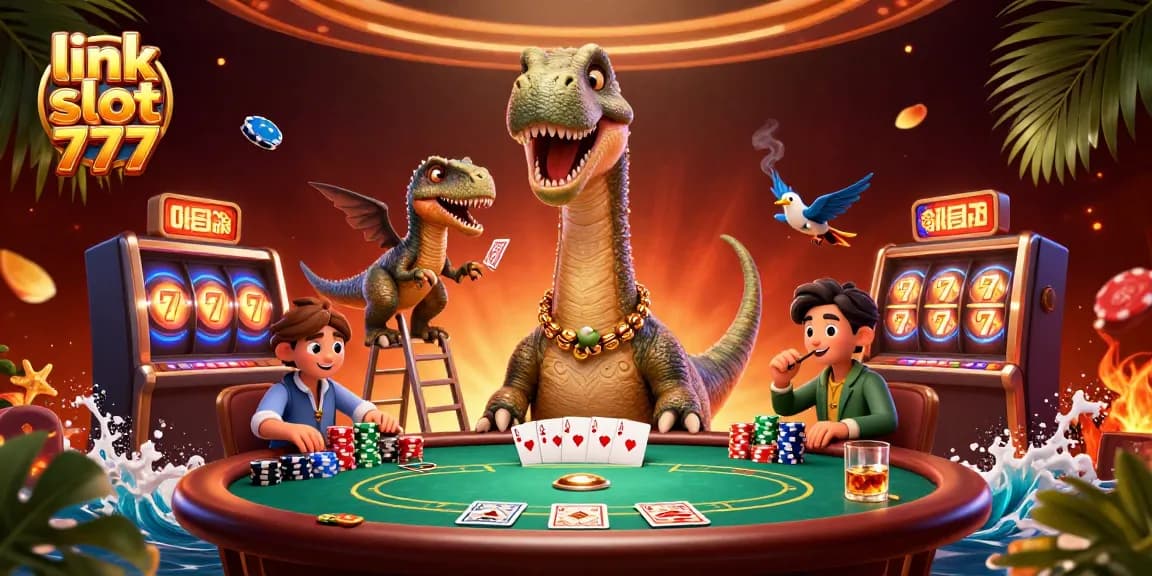 Engage with link slot 777 in this vibrant casino scene featuring a giant brontosaurus and clever raptor.