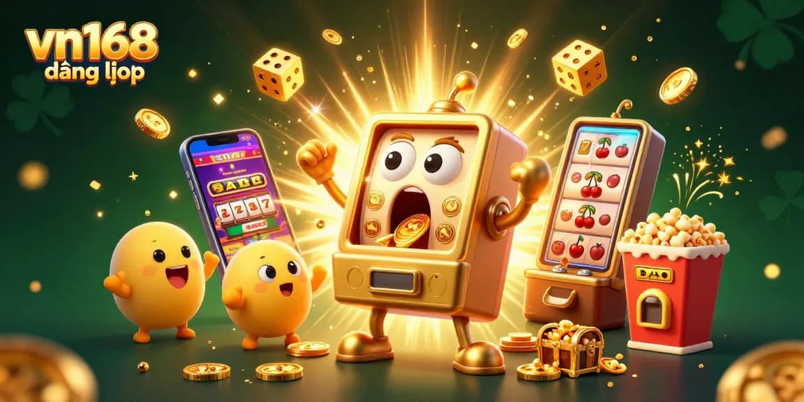 Join the excitement with vn168 đăng nhập as the golden slot machine hits the jackpot amid flying coins and cheers.