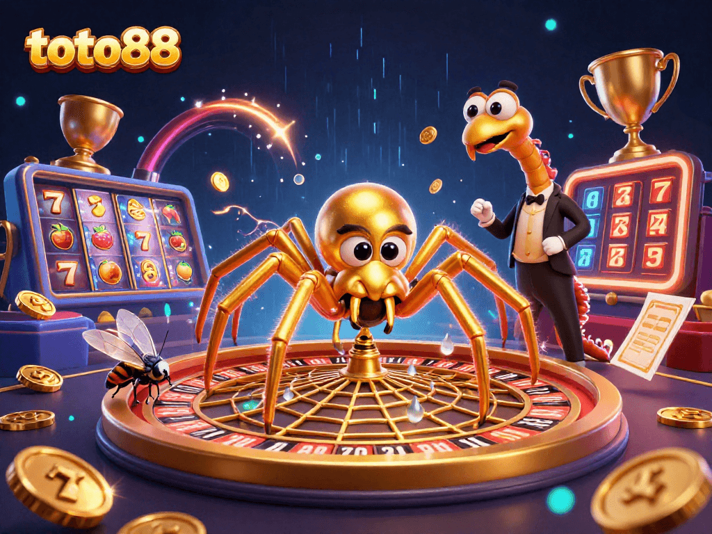 Experience winning thrills at toto88 with a golden spider spinning a roulette web amidst vibrant casino elements.