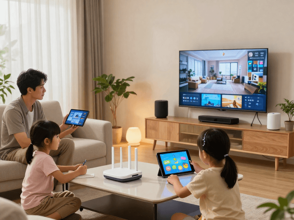 Gambar keluarga yang menggunakan wifi 4d untuk mengontrol perangkat pintar di rumah.