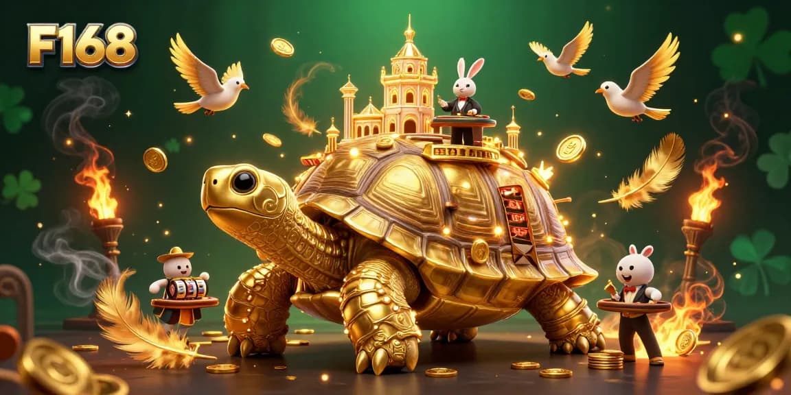 Join the thrilling F168 casino adventure with a golden tortoise and rabbit dealer under a dynamic, lively scene.