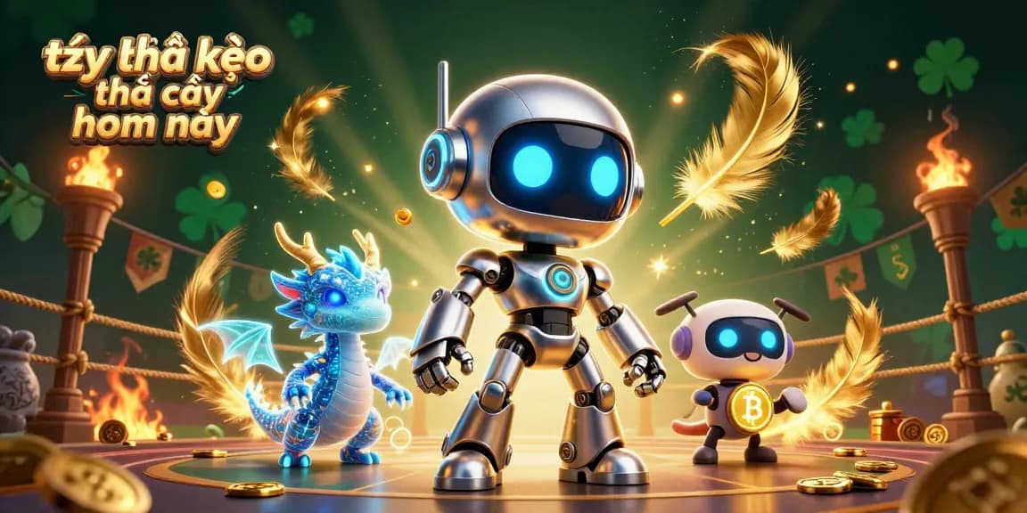 Engaging illustration of tỷ lệ kèo nhà cái hôm nay, featuring a cyberpunk robot and dragon in a sports betting arena.